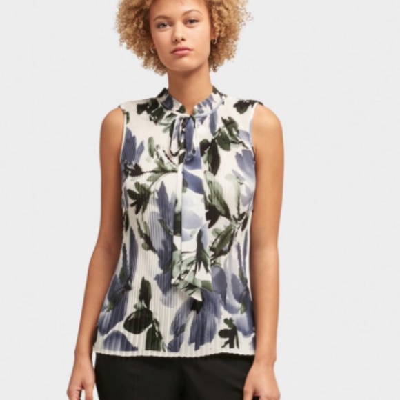 NWT DKNY PLEATED FLORAL TIE-NECK TOP XL